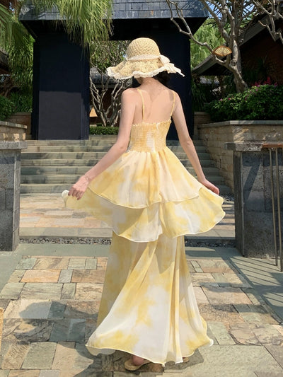 Nipped-Waist New French Seaside Sling Holiday Dress Travel Elegant Cake Dress Summer Beach Dress Female Yellow