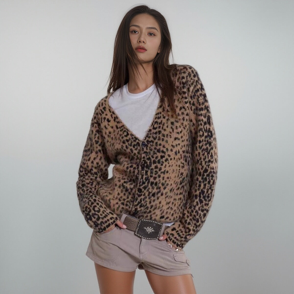 Y2g Fashion Soft Knitting V Neck Cardigan Leopard-Print Sweater