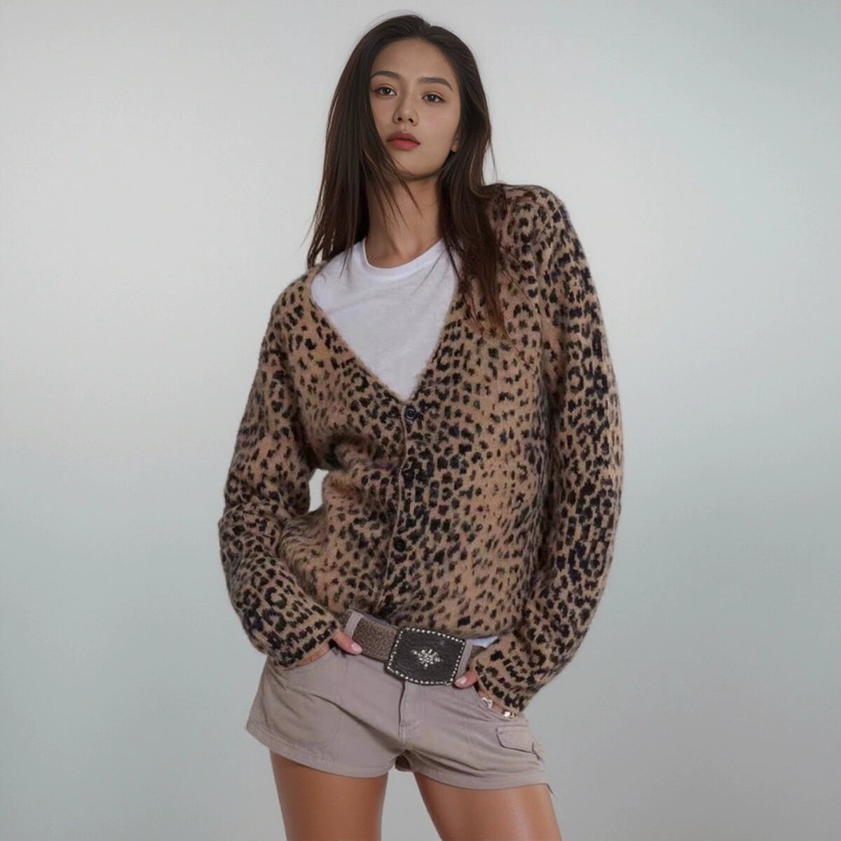 Y2g Fashion Soft Knitting V Neck Cardigan Leopard-Print Sweater