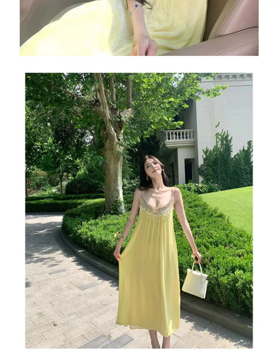 French Style Beautiful Yellow Elegant Heavy Industry Beads Diamond Strap Dress Loose and Idle Seaside Holiday Beach Dress