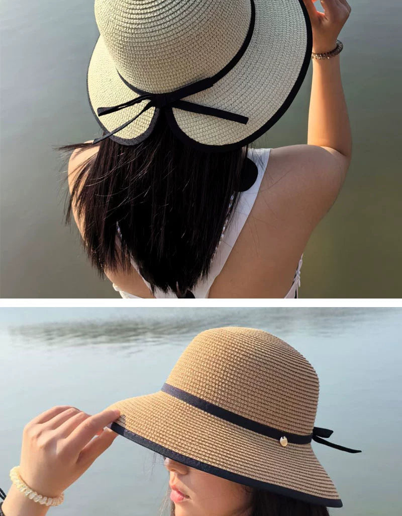 Hepburn Style Raffia Hat Women's Summer Big Brim Vacation Beach Hat Split Bows Travel Fashion Sun Hat Tide