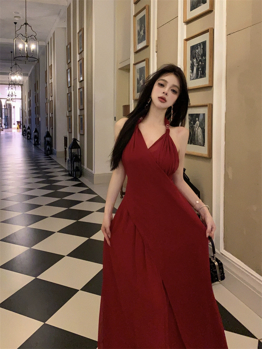 Beautiful Vacation Style Blue Halterneck Chiffon Drape Dress Long Women's Fancy Elegant Mop Long Dress