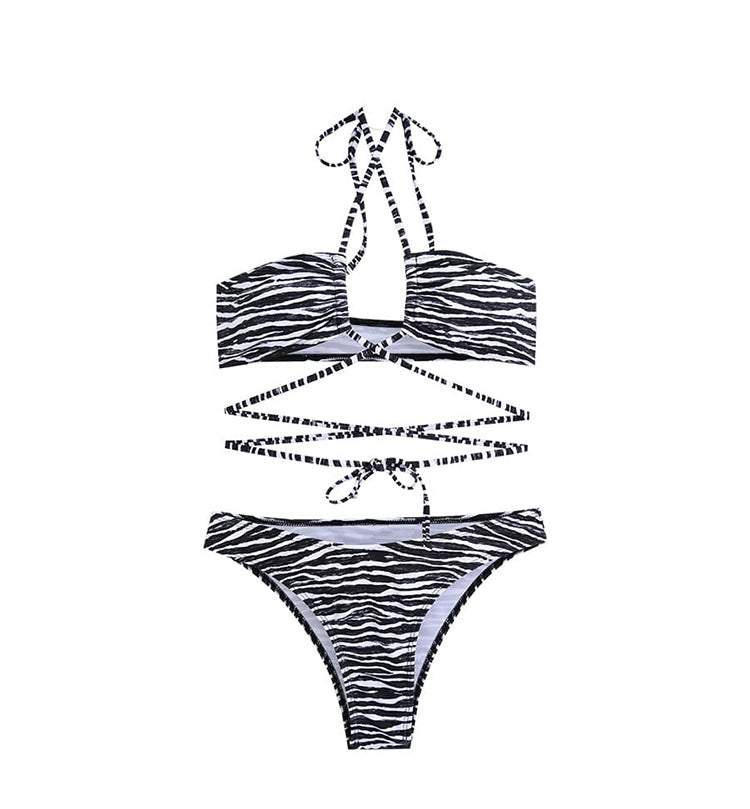 Swimsuit for Women 2025 New Sexy Ins Zebra Stripes Bikini Separates Three-Point Small Chest Vacation Hot Spring