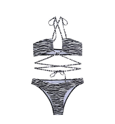Swimsuit for Women 2025 New Sexy Ins Zebra Stripes Bikini Separates Three-Point Small Chest Vacation Hot Spring