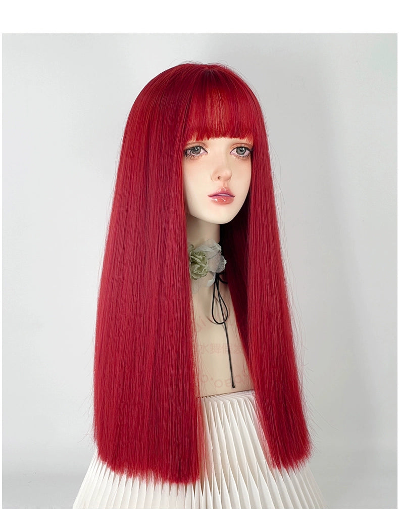 Y2g Sea King Red Long Straight Hair Full Head Cover Lolita Qi Bangs Gyaru Pull Red One-Size-Cut Long Hair Cos Universal