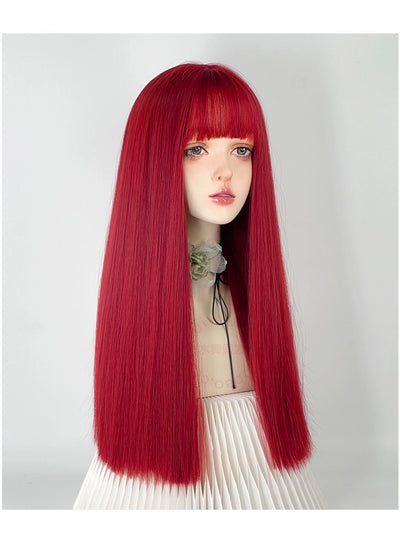 Y2g Sea King Red Long Straight Hair Full Head Cover Lolita Qi Bangs Gyaru Pull Red One-Size-Cut Long Hair Cos Universal