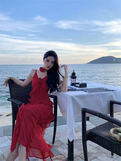 Thailand Sanya Seaside Holiday Beach Skirt Ruffles Irregular Spaghetti-Strap French Style Beautiful Red Chiffon Dress