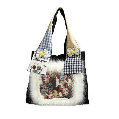 Y2g Cute Funny Stylish Niche Style Patchwork Stuffed Fur Bag College Student Work Clothing Cartoon Canvas Shoulder Bag