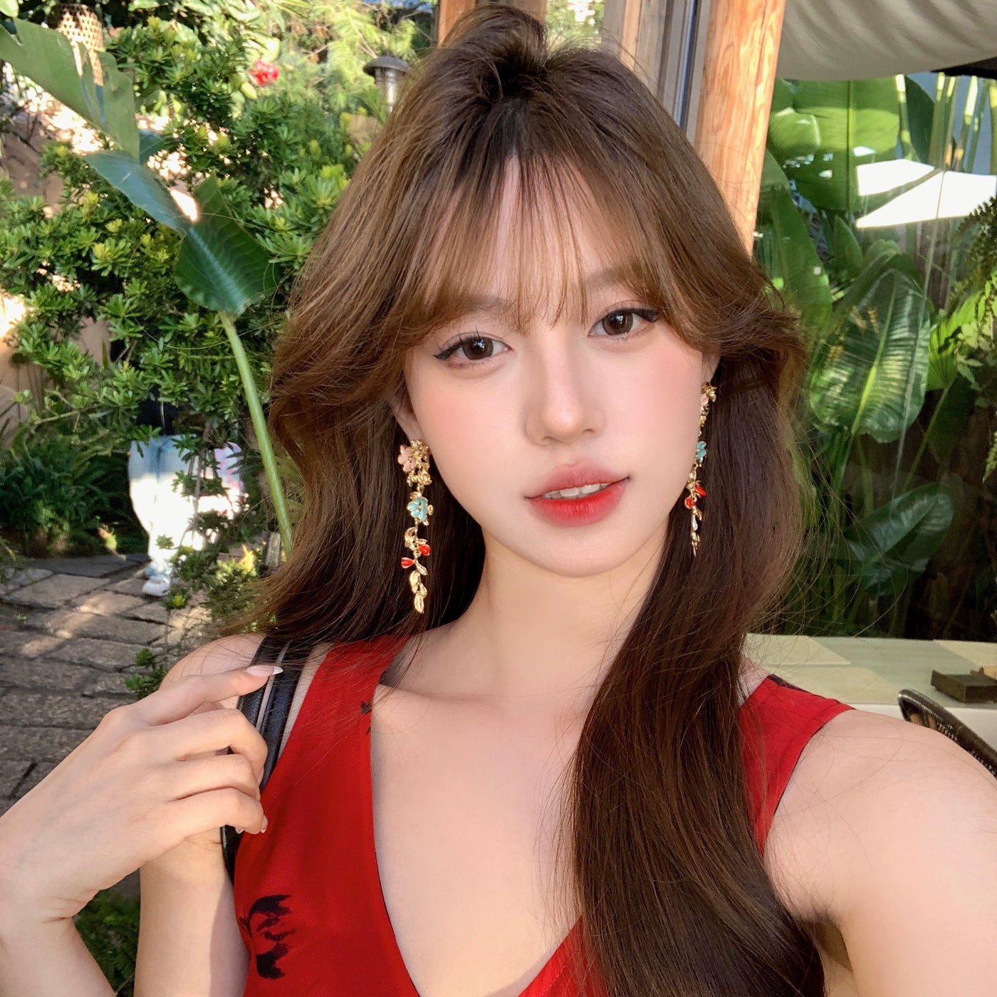 [Peach Tea] Bright Big Female Ethnic Style Color Metal Flower Tassel Earrings Seaside Holiday Earrings