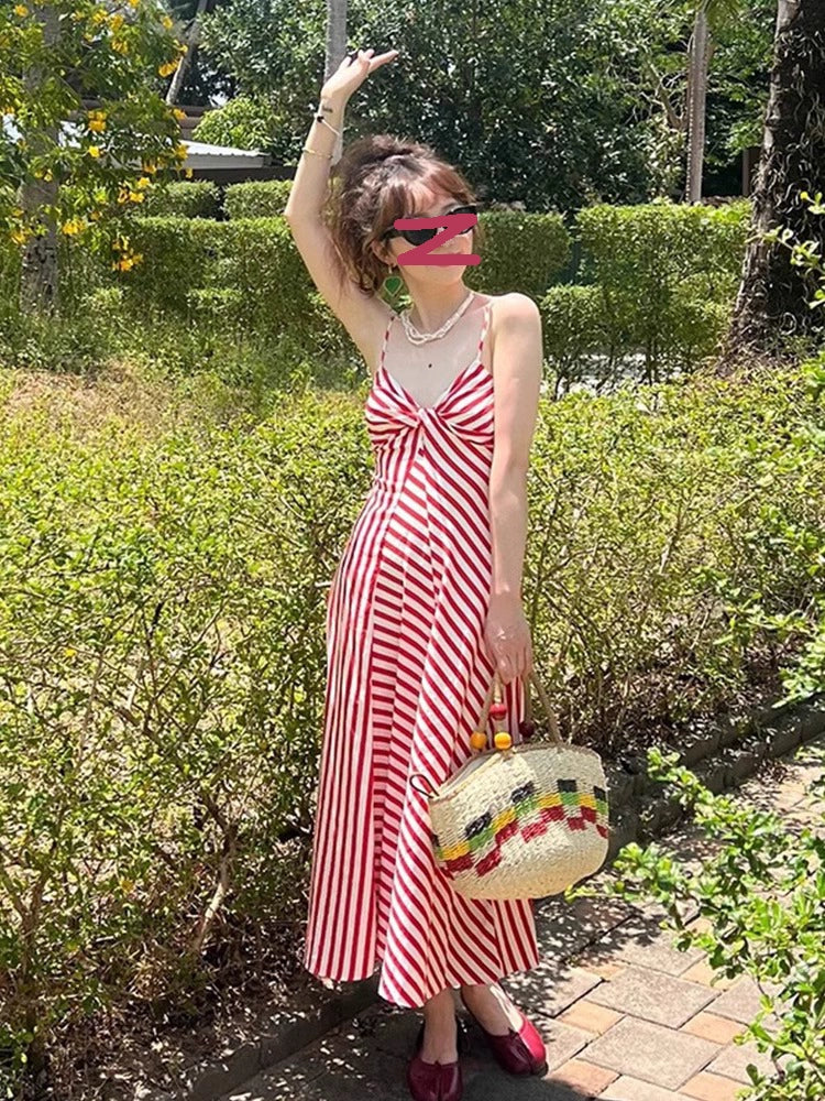 Red Stripes V-neck Sexy Sling Dress Women's Summer New Arrival High Waist Hainan Seaside Holiday Beach Dress