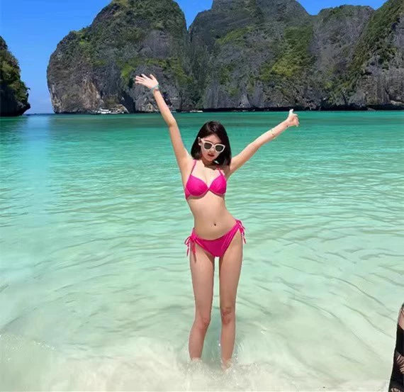 Fashion Style Sexy Swimsuit Women's Beach Vacation Ins Bikini Pink Big and Small Chest Gathered Three-Point Hot Spring