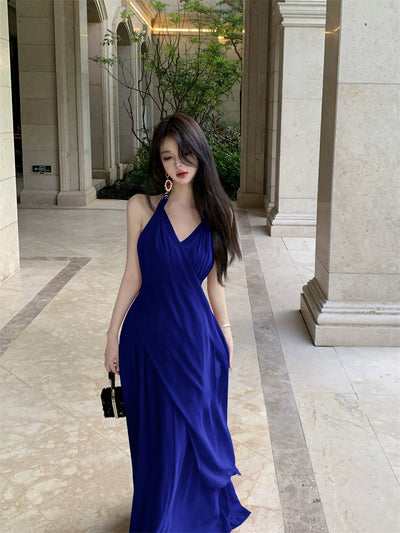 Beautiful Vacation Style Blue Halterneck Chiffon Drape Dress Long Women's Fancy Elegant Mop Long Dress