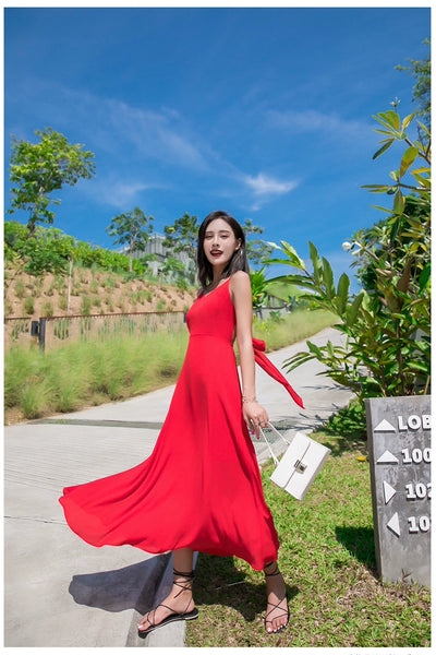 Red Lacing Chiffon Backless Bow Dress