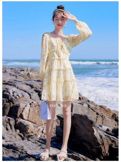 2025 Spring New Arrival Women's Spring Floral Dress Silm Fashion Waist-Controlled Long Sleeves Seaside Vacation Chiffon Skirt