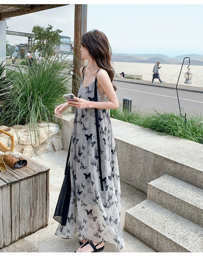 New Chinese Style Chinese Style Sling Dress Chiffon Ink Painting