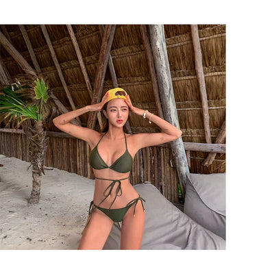 Fashion Ins Swimsuit Women's Summer Vacation Small Size Sexy Three-Point Bikini Separates Shoelace Strap Hot Spring Swimsuit