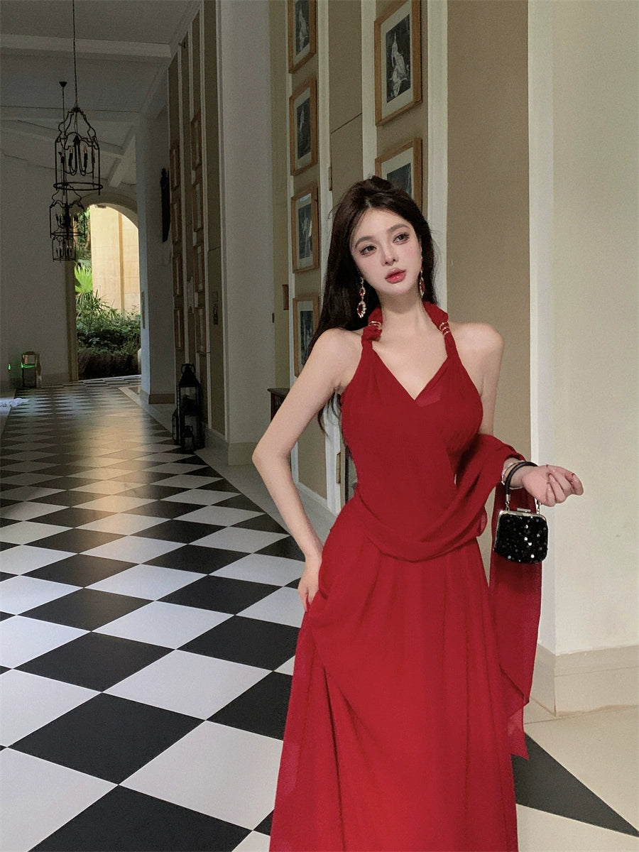 Beautiful Vacation Style Blue Halterneck Chiffon Drape Dress Long Women's Fancy Elegant Mop Long Dress