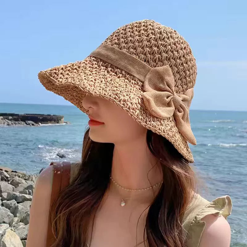 Straw Hat Female Summer New French Woven Bows Sun-Proof Bucket Hat Fresh Beach Trip Vacation Sun Hat