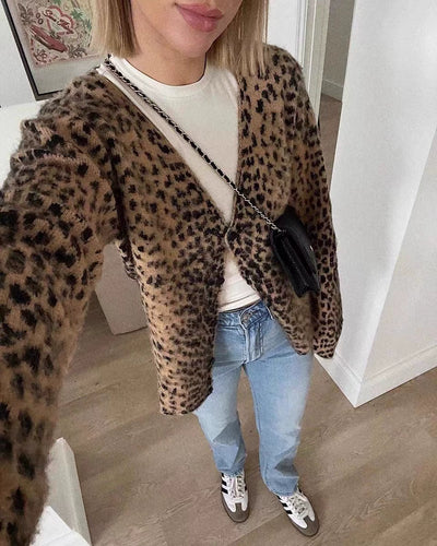 Y2g Fashion Soft Knitting V Neck Cardigan Leopard-Print Sweater
