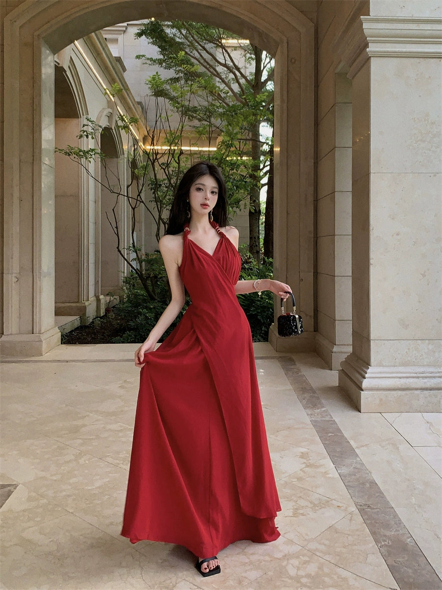 Beautiful Vacation Style Blue Halterneck Chiffon Drape Dress Long Women's Fancy Elegant Mop Long Dress