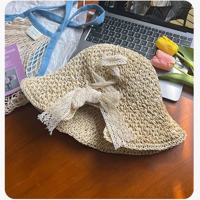 Straw Hat Female Summer New French Woven Bows Sun-Proof Bucket Hat Fresh Beach Trip Vacation Sun Hat