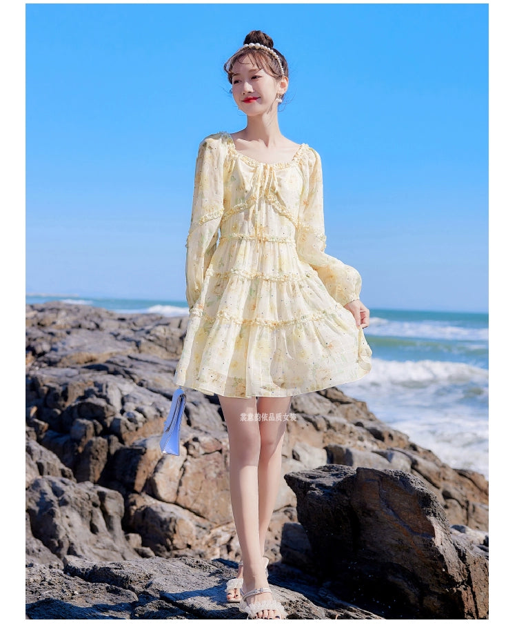 2025 Spring New Arrival Women's Spring Floral Dress Silm Fashion Waist-Controlled Long Sleeves Seaside Vacation Chiffon Skirt