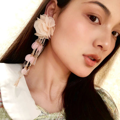 Long European and American Exaggerated Tassel Thin-Looking Earrings Flowers