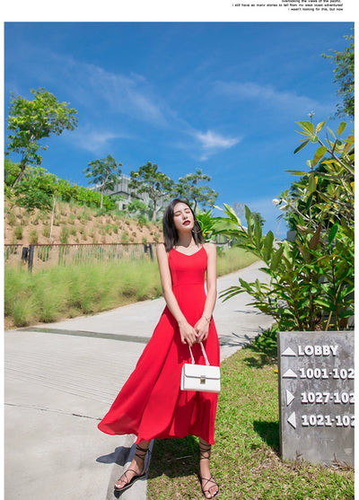 Red Lacing Chiffon Backless Bow Dress