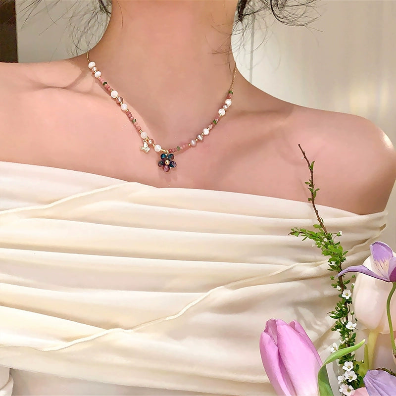 Spring Letter ~ Natural Stone Color Beaded Flower Pendant Necklace Female Dopamine Vacation Style Necklace Clavicle Chain
