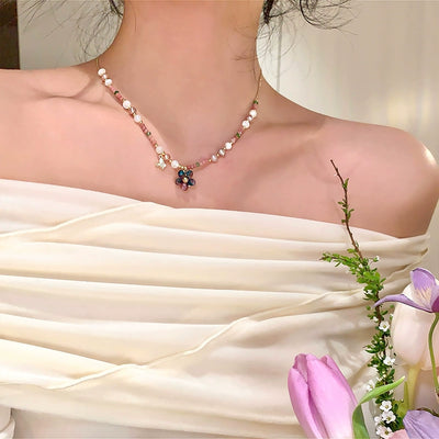 Spring Letter ~ Natural Stone Color Beaded Flower Pendant Necklace Female Dopamine Vacation Style Necklace Clavicle Chain