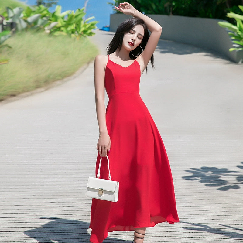Red Lacing Chiffon Backless Bow Dress