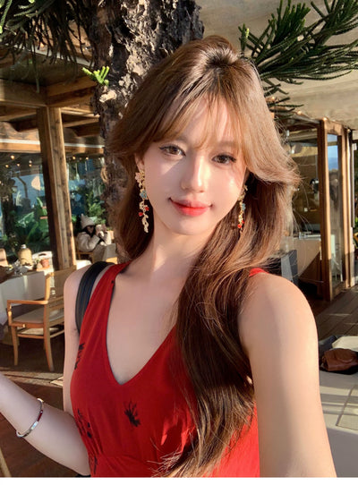 [Peach Tea] Bright Big Female Ethnic Style Color Metal Flower Tassel Earrings Seaside Holiday Earrings