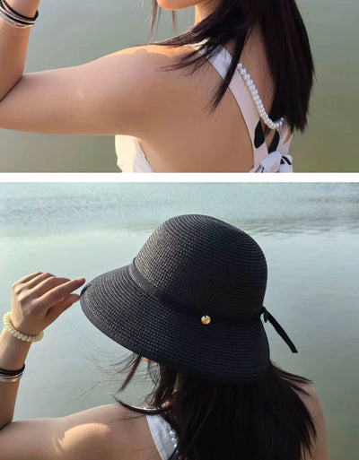 Hepburn Style Raffia Hat Women's Summer Big Brim Vacation Beach Hat Split Bows Travel Fashion Sun Hat Tide
