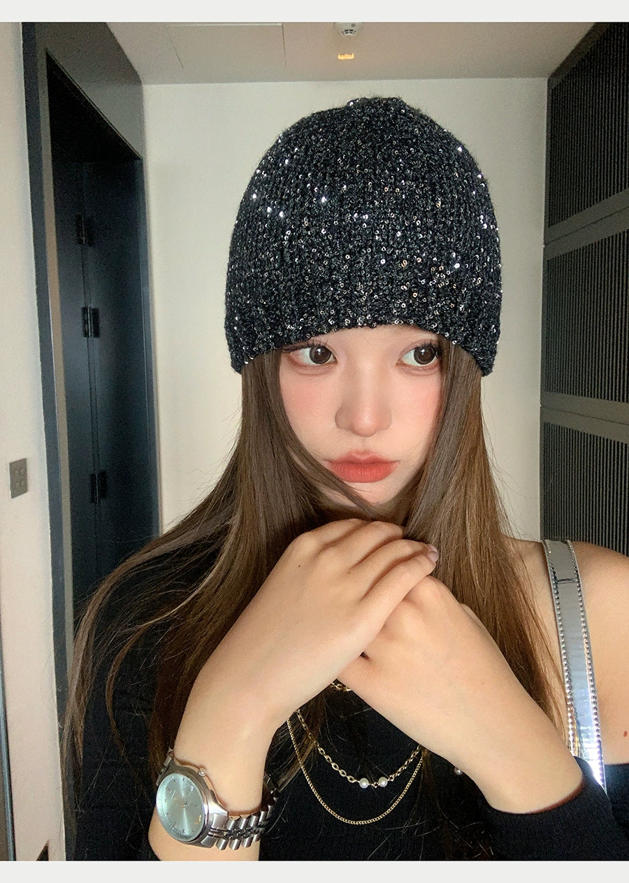 Zhao Lusi Same Style ~ Homemade Bows Sequin Knitted Cold Cap Female Y2g Sexy Wind Show Face Small Toe Cap Pile Heap Cap