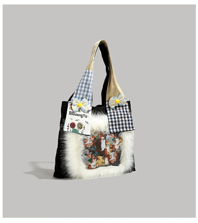 Y2g Cute Funny Stylish Niche Style Patchwork Stuffed Fur Bag College Student Work Clothing Cartoon Canvas Shoulder Bag