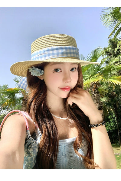 Straw Hat Japanese Style Women's Spring Summer Outing Plaid Bows