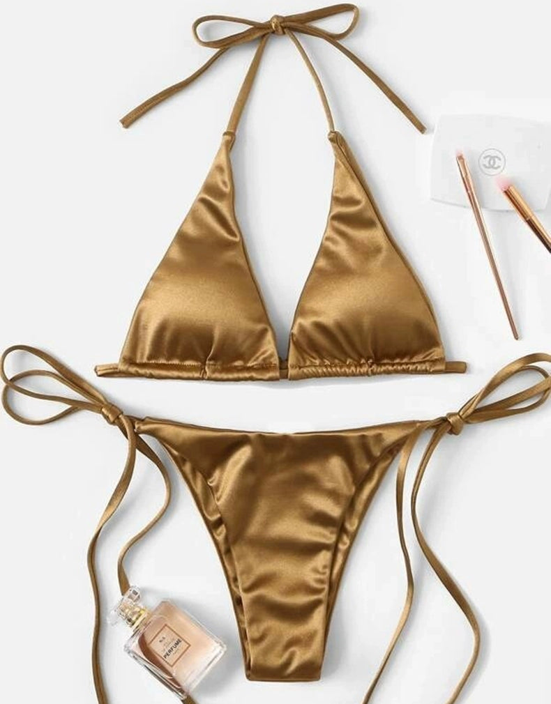 Fashion Sexy Bikini Sexy Golden Three-Point Bikini Shoelace Separates Hot Spring Beach Vacation Swimsuit Women