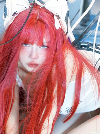 Y2g Sea King Red Long Straight Hair Full Head Cover Lolita Qi Bangs Gyaru Pull Red One-Size-Cut Long Hair Cos Universal