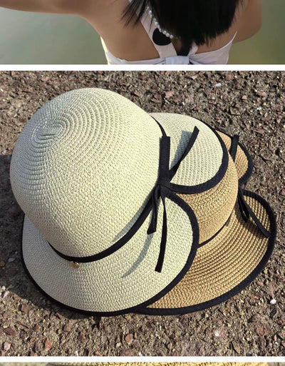 Hepburn Style Raffia Hat Women's Summer Big Brim Vacation Beach Hat Split Bows Travel Fashion Sun Hat Tide