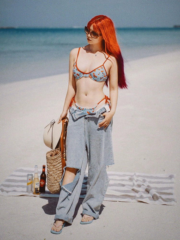 Y2g Young Adult Sweet Cool Sexy Cherry Print Tiffany Blue Bikini Sexy Little Chest Gathered Vacation Swimsuit Women
