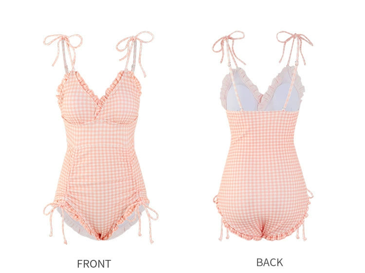 Sanya Swimsuit Women's Sweet Plaid Drawstring Sling Small Chest Push up One-Piece Triangle Hot Spring Vacation Swimsuit Women's