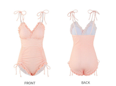 Sanya Swimsuit Women's Sweet Plaid Drawstring Sling Small Chest Push up One-Piece Triangle Hot Spring Vacation Swimsuit Women's