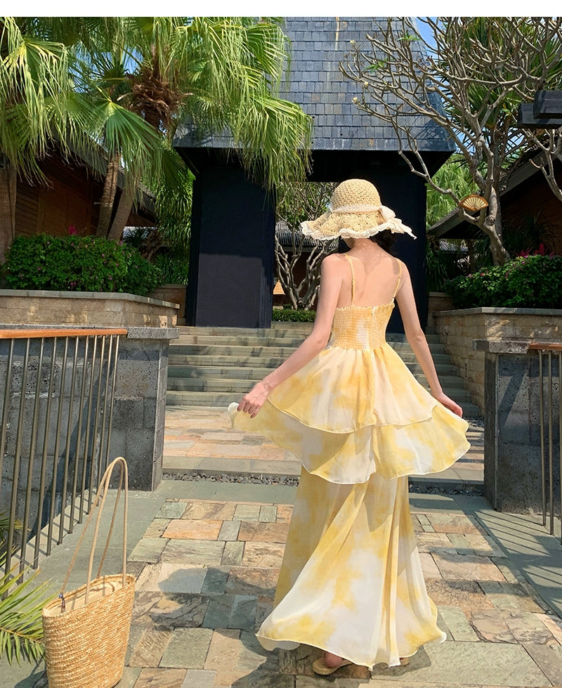 Nipped-Waist New French Seaside Sling Holiday Dress Travel Elegant Cake Dress Summer Beach Dress Female Yellow