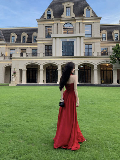 Beautiful Vacation Style Blue Halterneck Chiffon Drape Dress Long Women's Fancy Elegant Mop Long Dress
