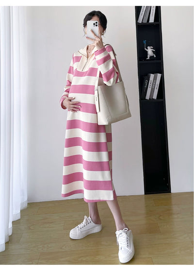 2025 Spring Clothing New Arrival K-style Plus Size Maternity Stripes Dress Fashionable Mom Pullover Sweatshirt Lapel Long Skirt