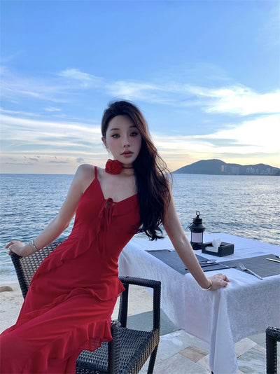Thailand Sanya Seaside Holiday Beach Skirt Ruffles Irregular Spaghetti-Strap French Style Beautiful Red Chiffon Dress