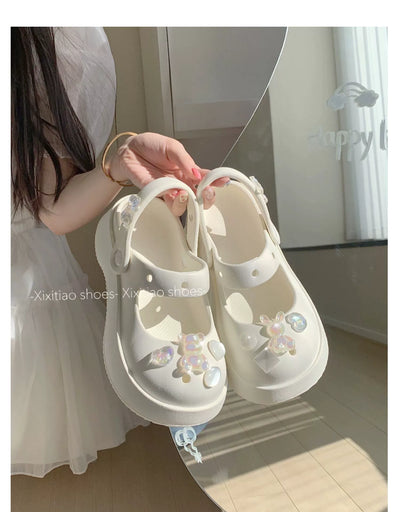 Thin Strip Sweet Rhinestone Mary Jane Sandals Fairy Style Fashion Summer Outwear Holiday Sandals Hole Shoes