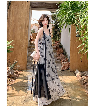 New Chinese Style Chinese Style Sling Dress Chiffon Ink Painting