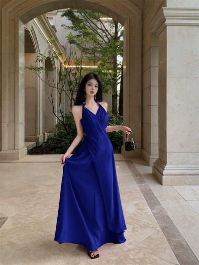 Beautiful Vacation Style Blue Halterneck Chiffon Drape Dress Long Women's Fancy Elegant Mop Long Dress