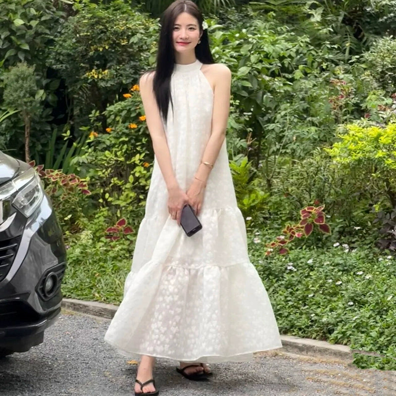 Cake White Halter Dress Loose Bow